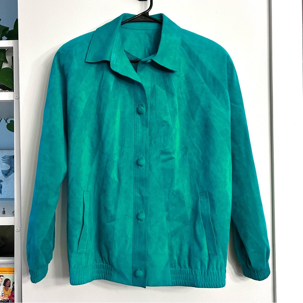 Custom Vintage Teal Faux Suede Bomber Jacket Small / Medium Buttons Collar Lined